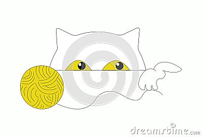 A cat and a ball of yarn for knitting. Handmade sewing sign. Badge, logo, print. Vector Illustration